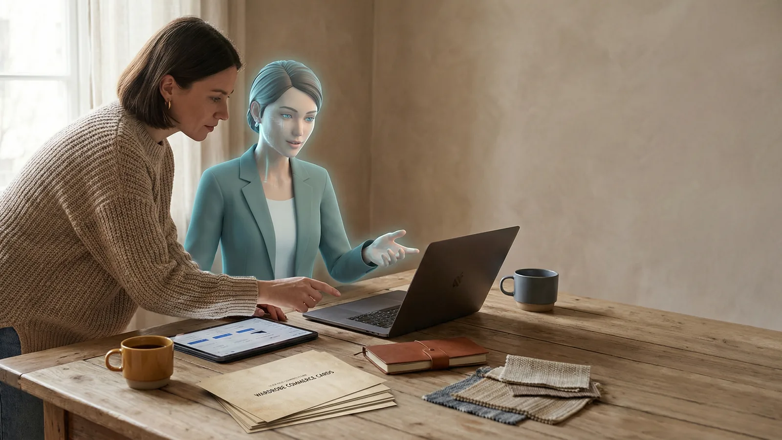 Human operator and AI agent collaborating on a calm commerce operations desk